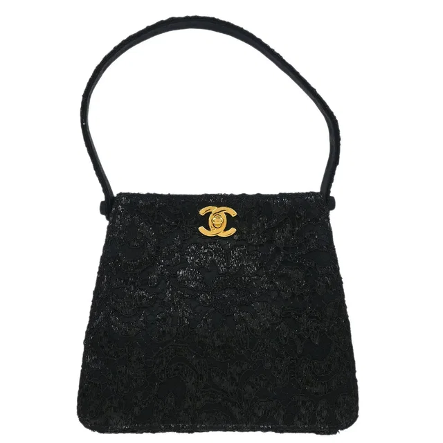 Chanel 1997-1999 Black Satin Lace Double Sided Turnlock Handbag in Black Satin from AMORE Vintage Tokyo