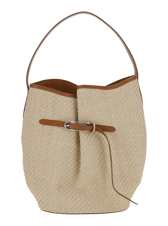 LIFFNER 'Belted Bucket Bag Raffia Large' Beige Shoulder Bag with Raffia Handle and Belt Detail in Viscose and Cotton Women in Beige 75% Viscose 25% Cotton, photo 2 of 10 from Gaudenzi Boutique