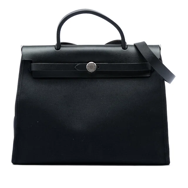 Black Hermès Toile Herbag PM Satchel in Black Canvas from Designer Revival