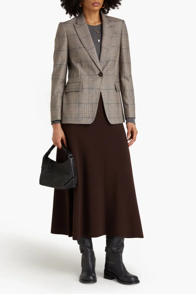 Brunello Cucinelli Bead-Embellished Checked Wool-Blend Blazer in Brown, photo 2 of 4 from THE OUTNET