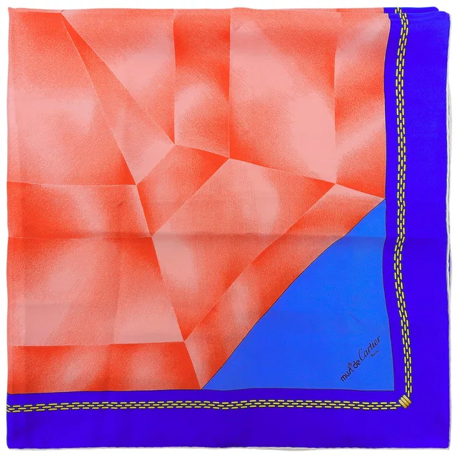 Cartier Logo Chain Pattern Scarf Blue/Red in Red Silk from VINTAGE QOO TOKYO