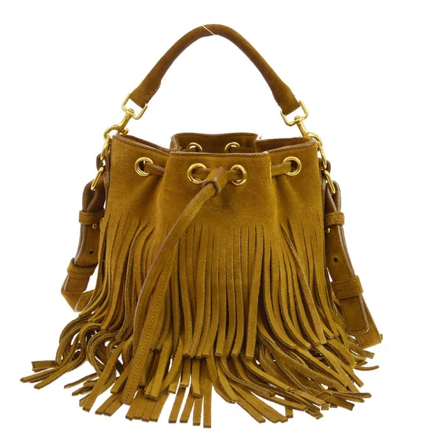 Saint Laurent Tan Suede Fringed Emmanuelle Bucket Bag in Brown Suede from Blue Spinach
