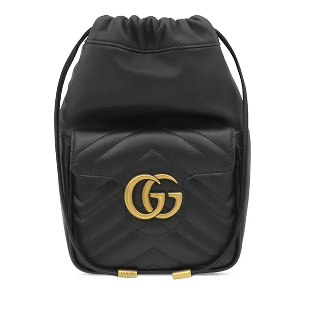 Black Gucci Mini GG Marmont Matelasse Calfskin Front Pocket Bucket Bag in Black Calfskin from Designer Revival