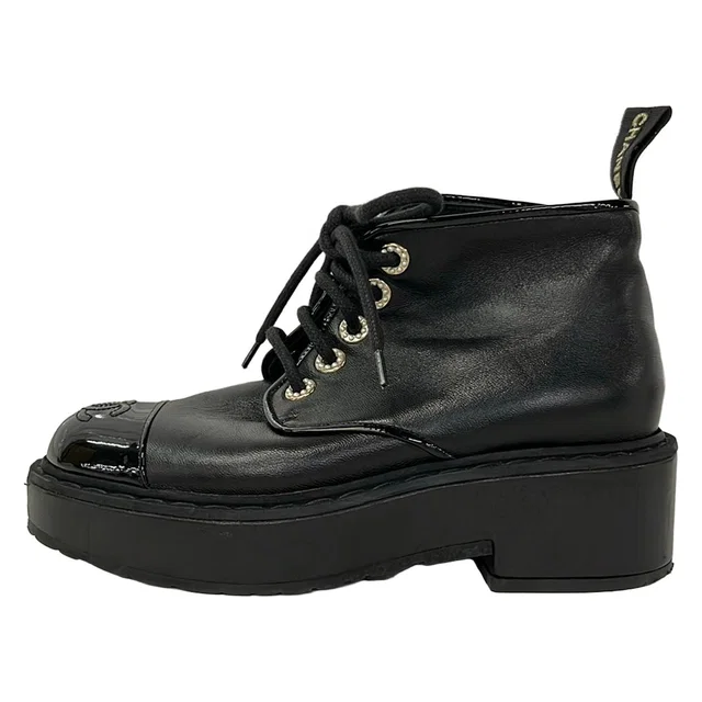 Chanel Short Boots C Black CC Logo Pearl Leather Lambskin 36 in Black Lambskin from The Reluxe