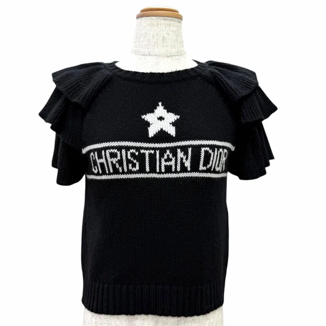 Dior Cashmere 100% Logo Star Sleeve Ruffle Design Short Knit Black IT 40 Sweater in Black Cashmere from The Reluxe