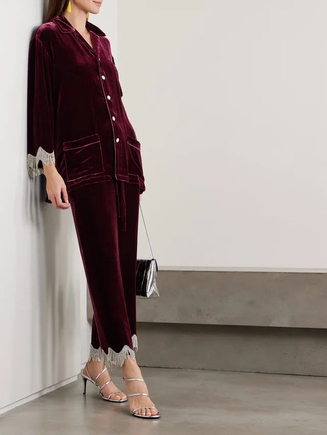 OLIVIA VON HALLE Fifi fringed crystal-embellished velvet pajama set in Red, photo 2 of 2 from NET-A-PORTER (Canada)