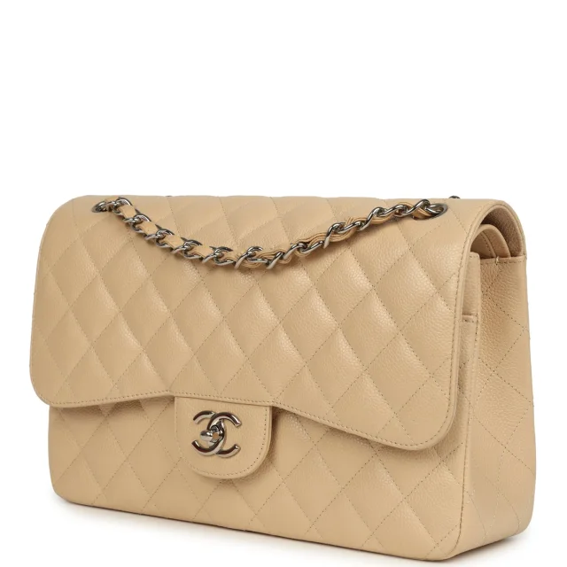 Chanel Jumbo Classic Double Flap Bag Light Beige Caviar Silver Hardware in Beige Caviar leather from Madison Avenue Couture, photo 5 of 9