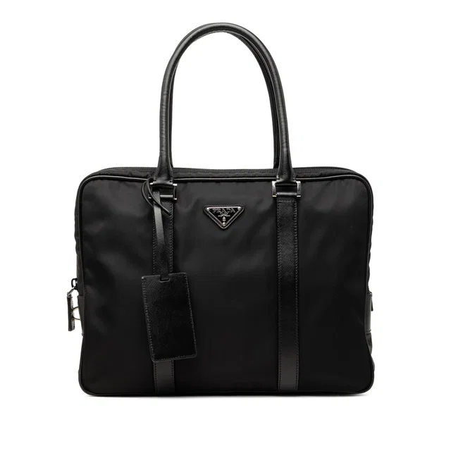 Black Prada Saffiano Trimmed Tessuto Business Bag in Black Saffiano leather from Designer Revival