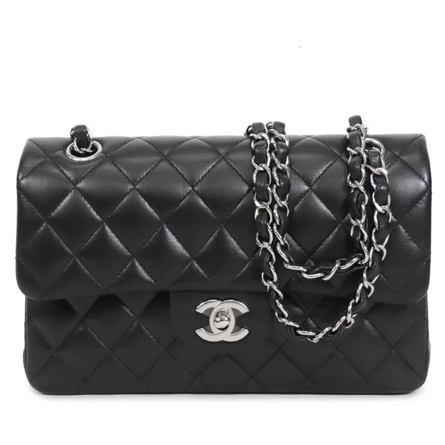 Chanel Chain Black Silver Lambskin Quilted 23 Double Flap Shoulder Bag in Black Lambskin from The Reluxe