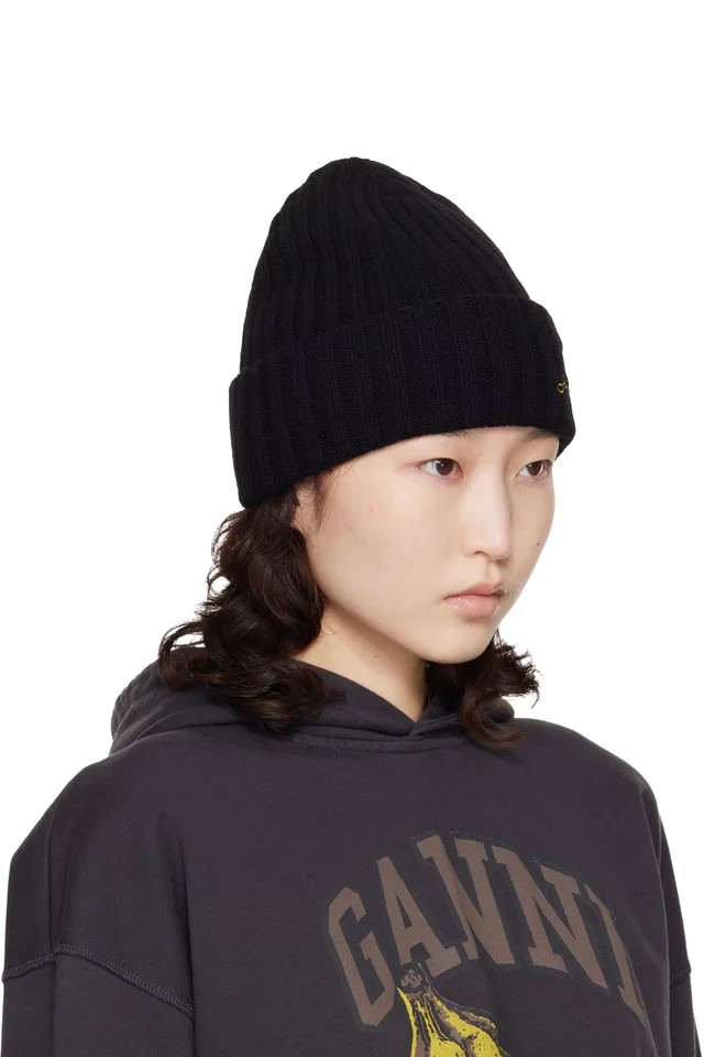 GANNI Black Wool Knit Beanie, photo 2 of 3 from SSENSE