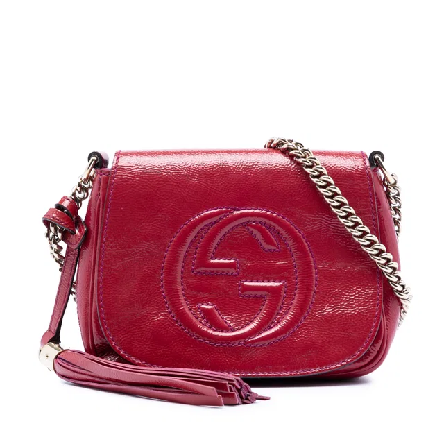 Pink Gucci Small Patent Soho Chain Flap Crossbody in Pink Patent leather from Designer Revival