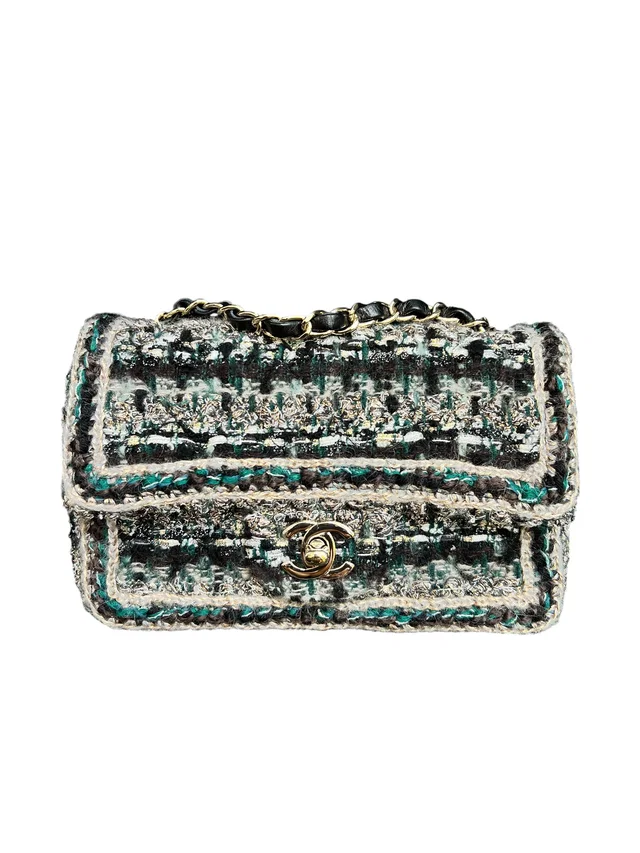 Chanel Tweed Mini Rectangle Green/Black LGHW in Black Tweed from Luxury Promise