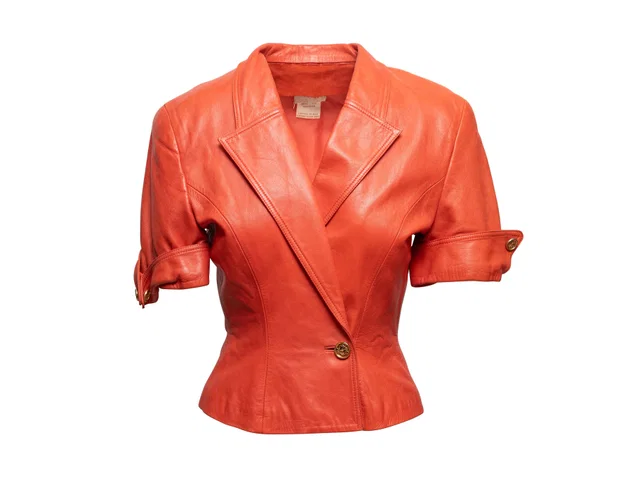 Orange Loewe Leather Short Sleeve Blazer & Skirt Suit Size EU 42 in Orange Leather from Designer Revival