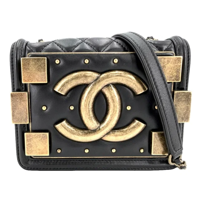 Chanel Shoulder Bag Quilted Boy Brick Chain CC Logo Crossbody Lambskin Black in Black Lambskin from The Reluxe