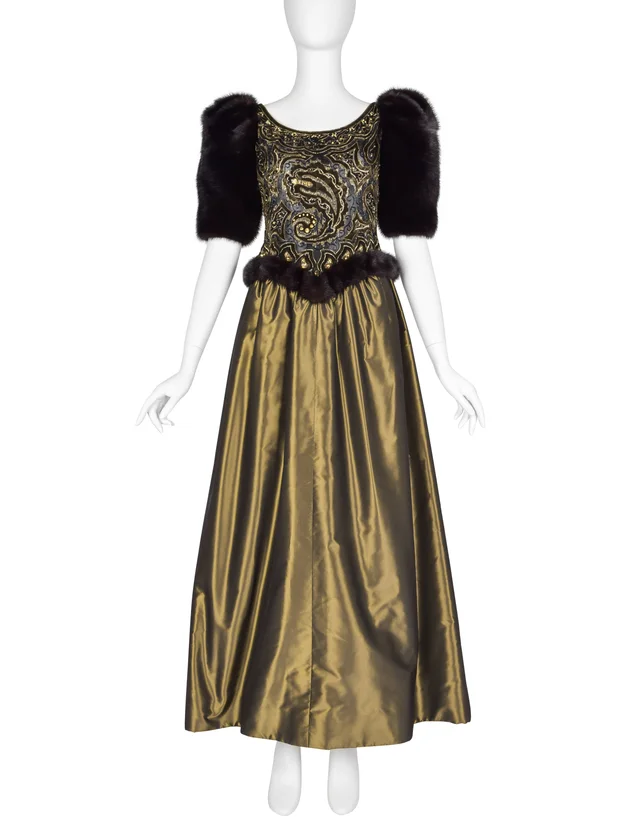 Givenchy Haute Couture Vintage AW 1980 Documented Embellished Bodice Black and Bronze Silk Taffeta Mink… in Black Silk from Amarcord Vintage Fashion