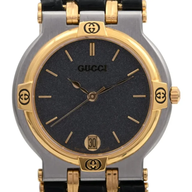 Gucci Round Logo Face Watch 9000M Quartz Black in Black Leather from VINTAGE QOO TOKYO, photo 5 of 8