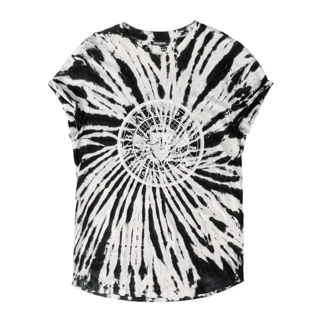 Balmain Men's Black & White Tie-Dye Cotton Flocked Medallion Logo T-Shirt in Black & White Cotton from Designer Archives