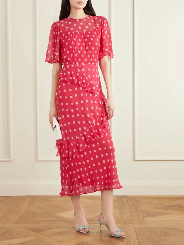 SALONI Vida E ruffled polka-dot silk-blend crepon midi dress in Pink, photo 2 of 2 from NET-A-PORTER (Canada)