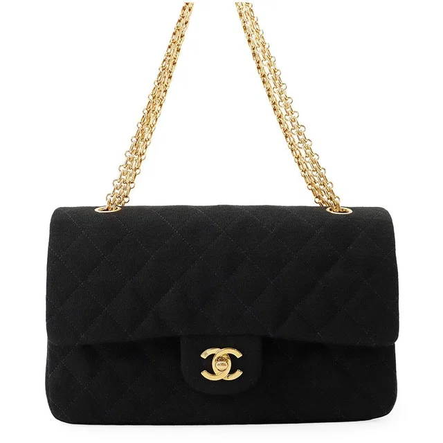 Chanel Chain Shoulder Bag Quilted 25 CC Logo Cotton Jersey Double Black in Black from The Reluxe