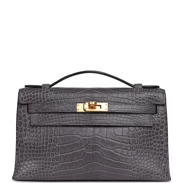 Hermès Kelly Pochette Gris Paris Matte Alligator Gold Hardware in Grey Crocodile from Madison Avenue Couture