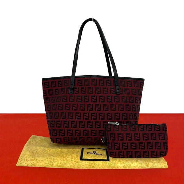 Fendi Almost Vintage Zucchino FF Pattern Canvas Leather Tote Bag Red Black in Black Canvas from The Reluxe