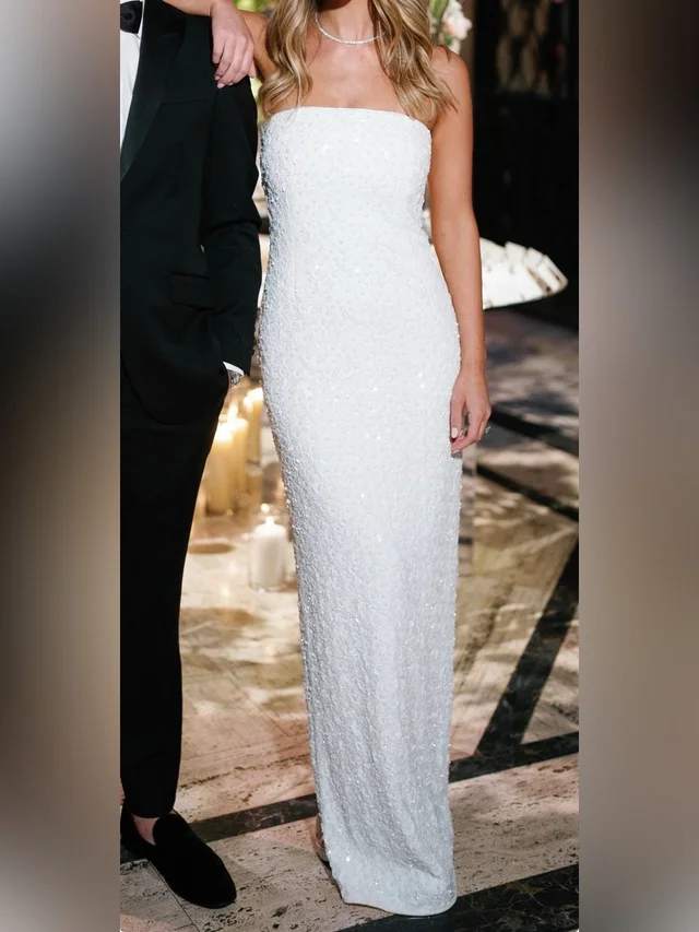 SIMKHAI Strapless Sequin Column Gown in white from Poshmark