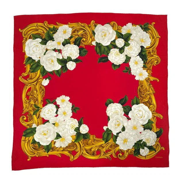 Chanel Vintage Scarf Camellia White Red Silk in White Silk from Luxury Promise