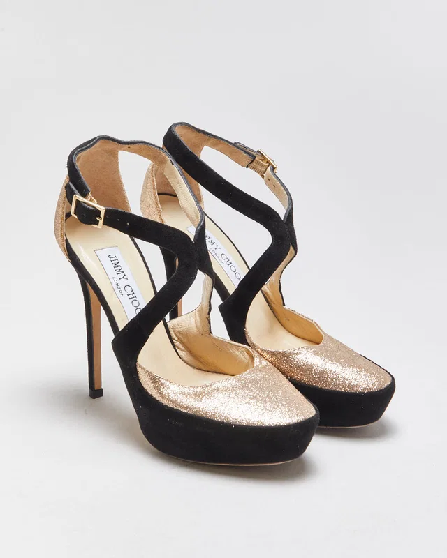 Jimmy Choo Tulip Glitter Suede Platform Heels - UK2.5 in Suede from Rokit Vintage