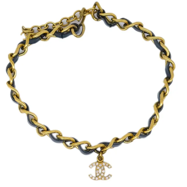 Chanel 1996 Crystal & Gold CC Choker in Gold Patent leather from AMORE Vintage Tokyo