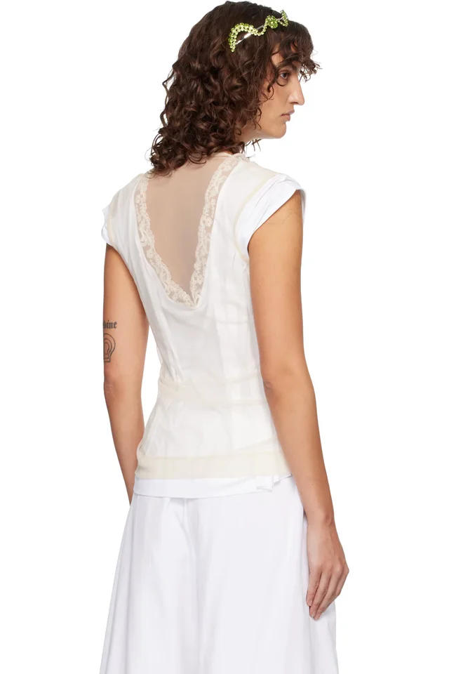 Simone Rocha White & Beige Layered Liquid Lace Trim T-shirt, photo 3 of 4 from SSENSE