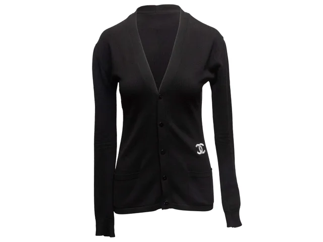 Black & White Chanel Wool V-Neck Cardigan Size FR 48 in Black Wool from Designer Revival, photo 1 of 1