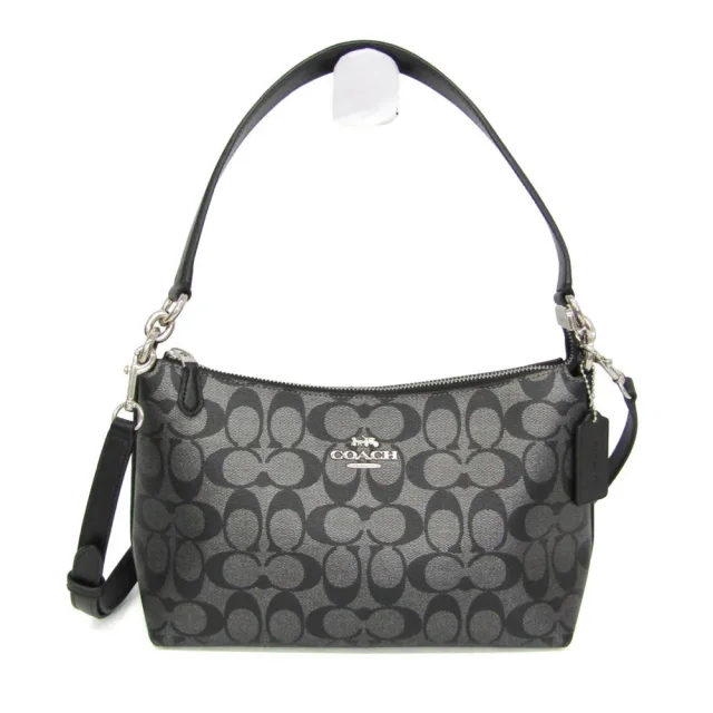Coach Signature Teri F89201 Women's Coated Canvas,Leather Shoulder Bag Black,Gray in Black/Gray Coated canvas , Leather from Elady