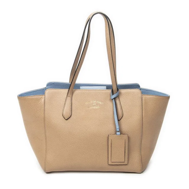 Gucci Small Swing Tote Bag Beige Light Blue Gray Calfskin Leather in Beige Calfskin from The Reluxe