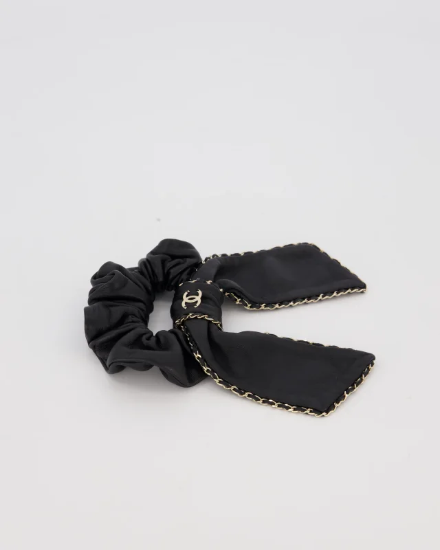 Chanel Bow Leather Hair Scrunchie with Chain Trim Detail in Black Leather from Sellier, photo 2 of 7