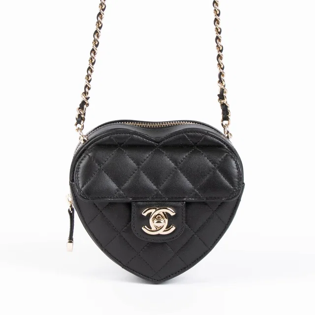 Chanel Black Lambskin CC In Love Heart Clutch with Chain in Black Lambskin from Labellov