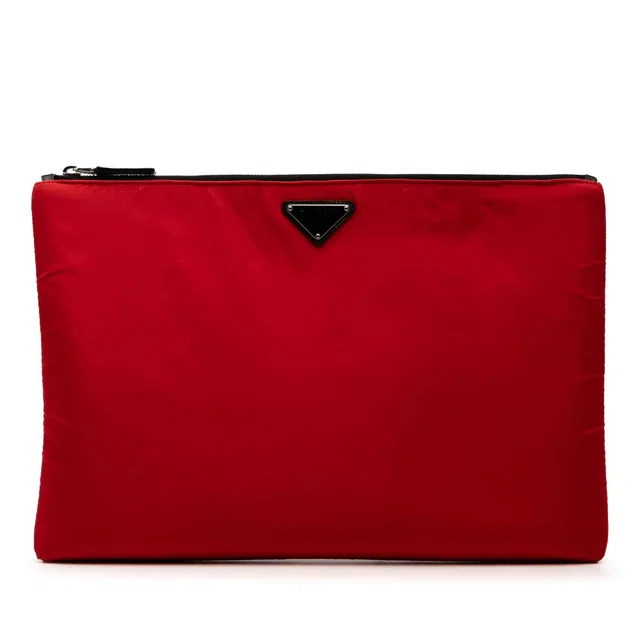Red Prada Tessuto Soft Zip Clutch in Red Nylon from Designer Revival