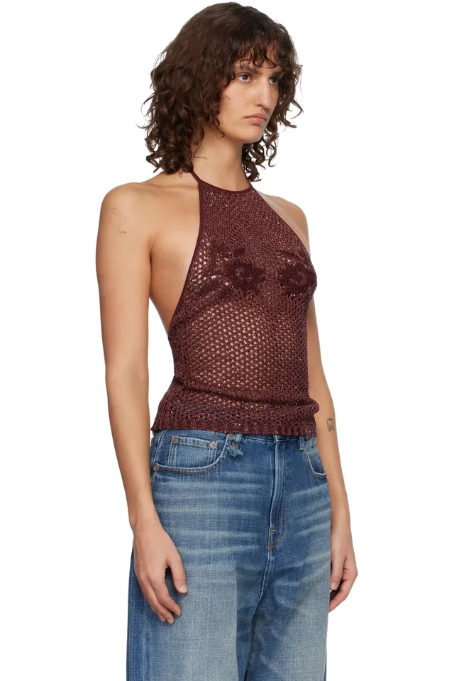 AMIRI Burgundy Floral Crochet Open Back Tank Top, photo 2 of 4 from SSENSE