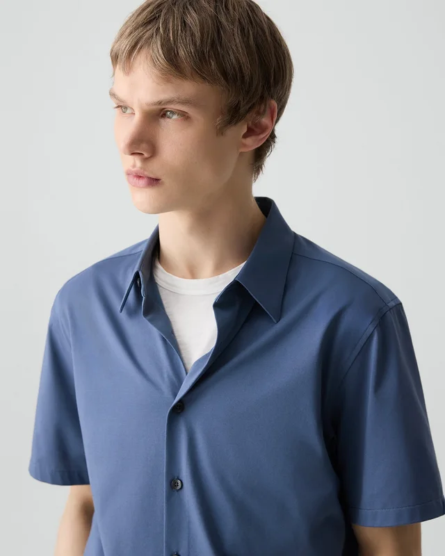 Theory Irving Short-Sleeve Shirt in Structure Knit in BERING 53% Cotton, 47% Polyester, photo 4 of 12 from Theory
