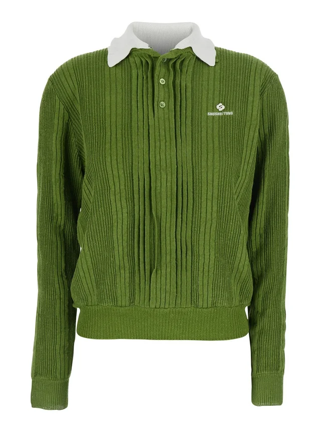 SHUSHU/TONG Green Polo Collar Knit Top with Front Logo in Fabric for Women in Green 100% Fabric, photo 2 of 6 from Gaudenzi Boutique