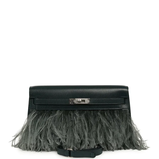 Hermès Kelly Elan Foile Vert Cypress Chevre Chamkila and Ostrich Feathers Palladium Hardware in Green Goatskin from Madison Avenue Couture