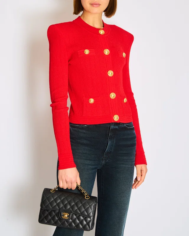 Balmain Red Ribbed Knit Cardigan with Structured Shoulders and Signature Gold Coin Button Detail Size… in Red from Sellier