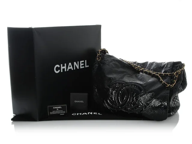 Chanel XL Black Vinyl Rock and Chain Flap in Black Satin from Ann's Fabulous Finds, photo 2 of 10