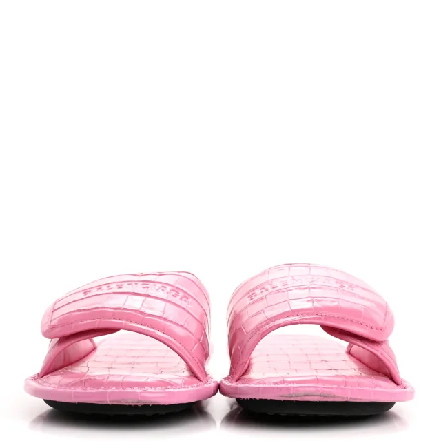 Balenciaga Logo Crocodile Embossed Slides 40 Fuxia in Calfskin from FASHIONPHILE, photo 3 of 10