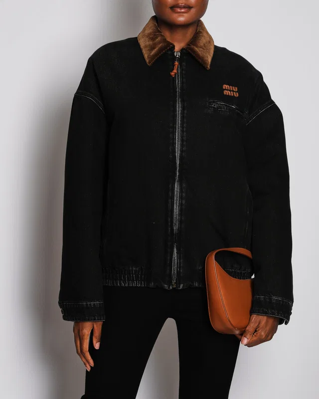 Miu Miu Black Denim Padded Jacket with Leather Logo and Corduroy Collar Detail Size IT 38 (UK 6) in Black Denim from Sellier