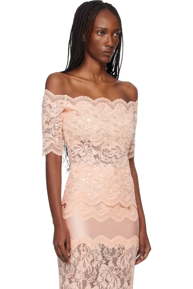 Rabanne Pink Off The Shoulder Lace Top, photo 2 of 4 from SSENSE