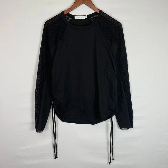 SIMKHAI Long Sleeve Crew Neck Lace Side Cinched Cotton Top Black L in black from Poshmark