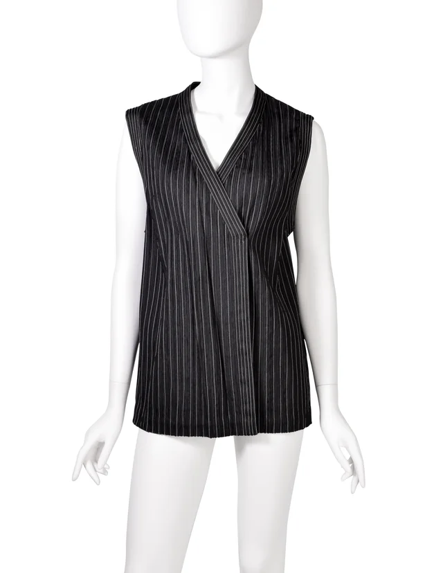 Fendi Vintage Steely Black Ribbed Stitched Silk Cord Trimmings Wrap Vest in Black Silk from Amarcord Vintage Fashion