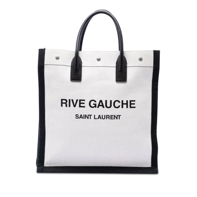 White Saint Laurent Linen Rive Gauche North South Tote in White Leather from Designer Revival