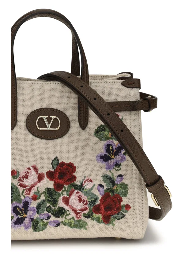 Valentino Garavani Shoulder Bag — Beige Linen in Beige Suede from HEWI