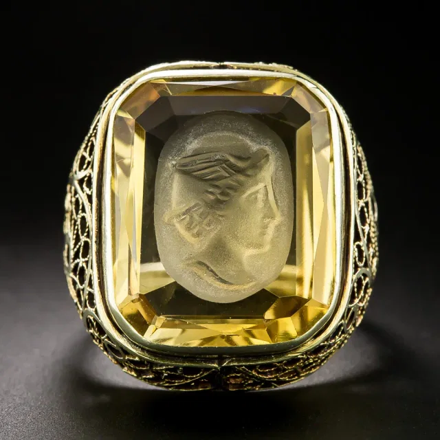 Antique Citrine Hermes Intaglio Filigree Ring from Lang Antiques